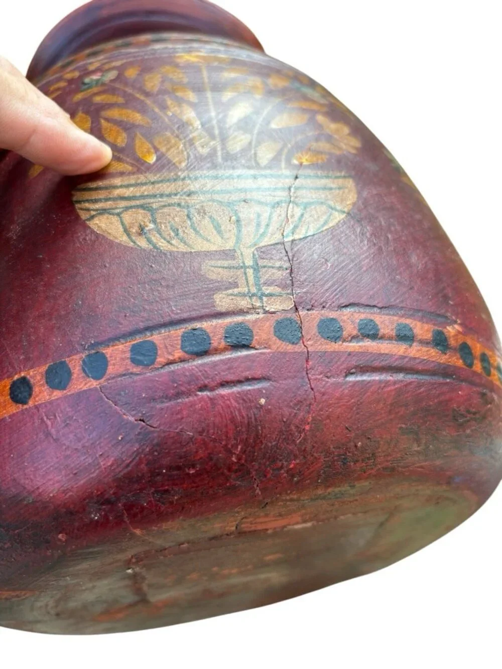 Vtg Kashmiri Hand Painted Wood Vase MCM Indian Lacquerware Folk Art Pot